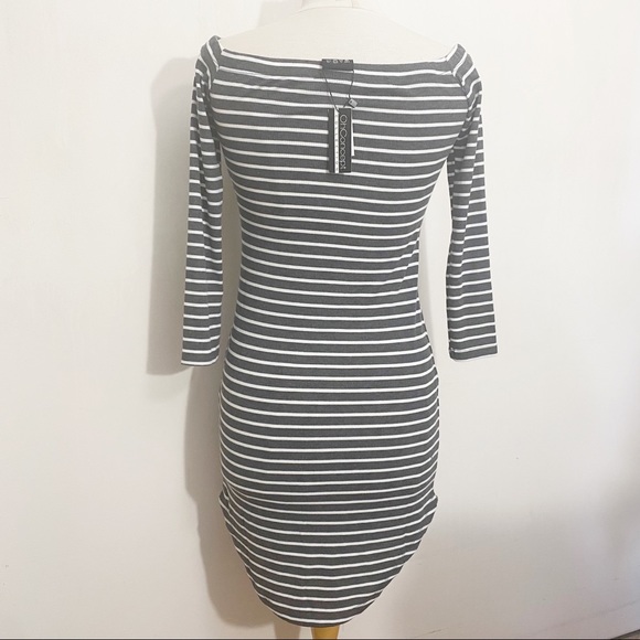 OHCONCEPT rib boat neck on/off shoulder mini dress gray & white stripe M - Picture 5 of 8